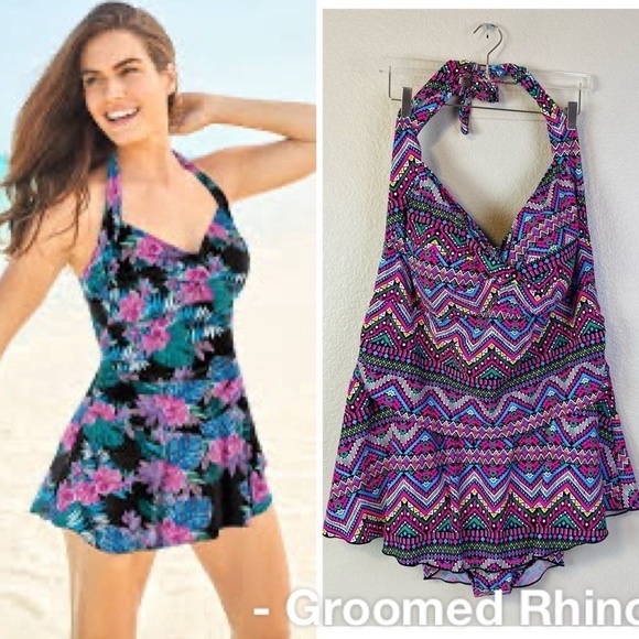 Swimsuits for All Neon Mosaic Print Retro Halter Swim Dress Size 32 - Picture 1 of 7